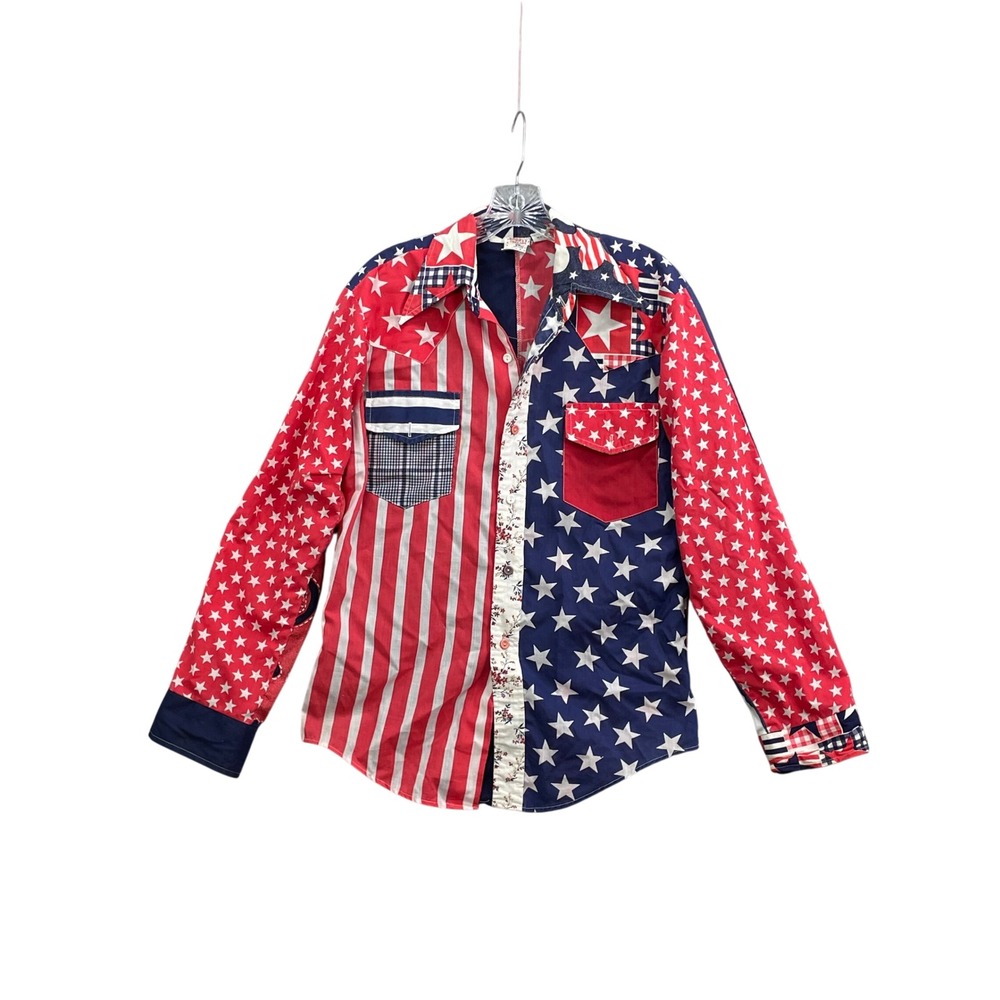 Kennington Patchwork Shirt Women Medium Red White Blue Stars Stripes Vintage 70s